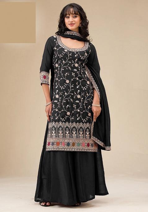 Black Embroidery Silk Sharara Set