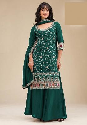 Teal Embroidery Silk Sharara Set