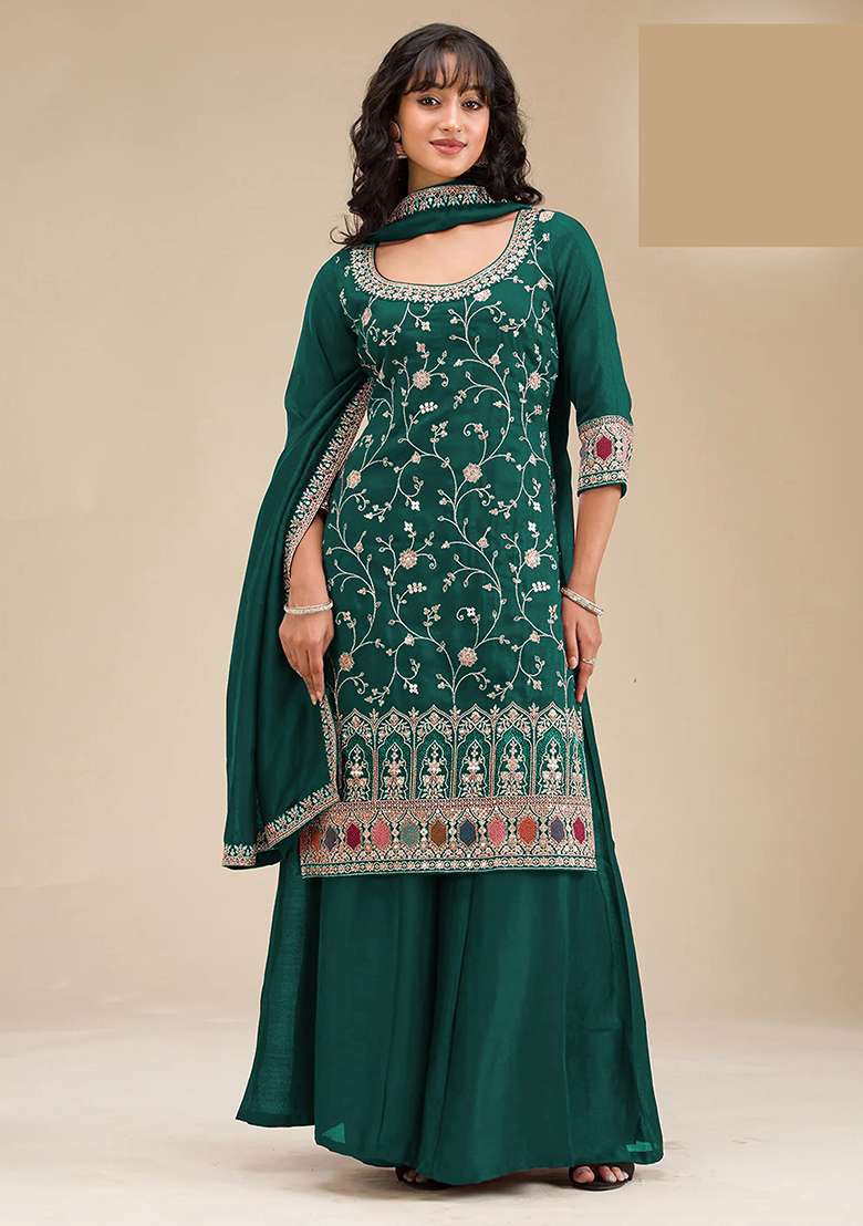 Teal Embroidered Silk Blend Sharara Set - Indya
