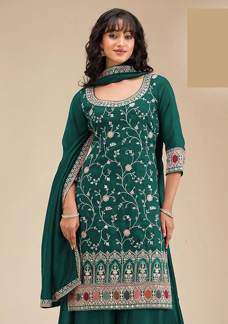 Teal Embroidery Silk Sharara Set - Indya