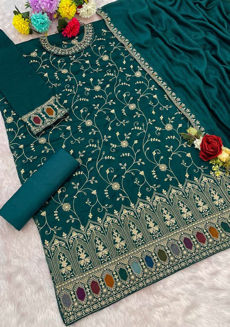 Teal Embroidered Silk Blend Sharara Set - Indya