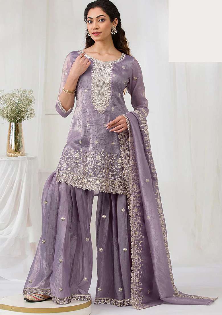 Lavender Embroidered Gold Crush Sharara Set - Indya