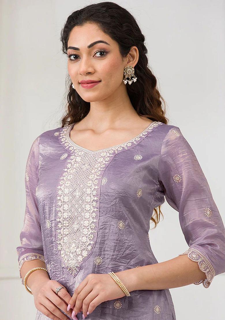 Lavender Embroidery Gold Crush Sharara Set - Indya