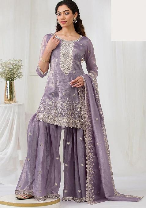 Lavender Embroidery Gold Crush Sharara Set