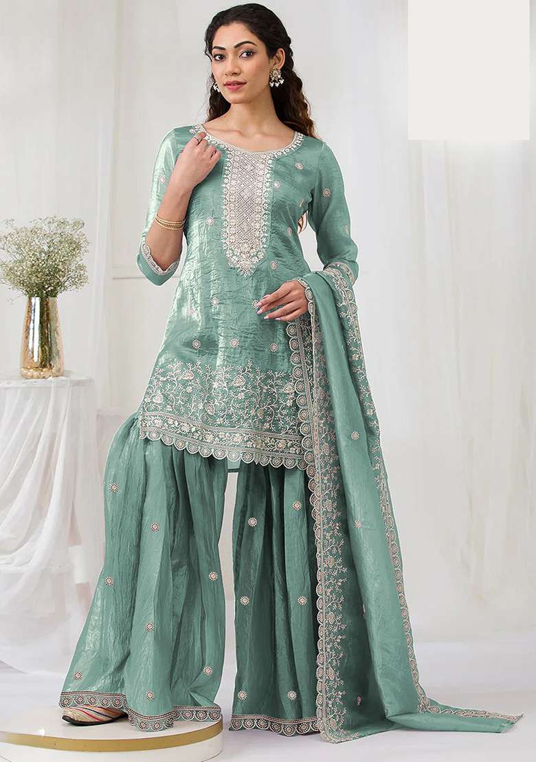 Turquoise Embroidered Gold Crush Sharara Set - Indya