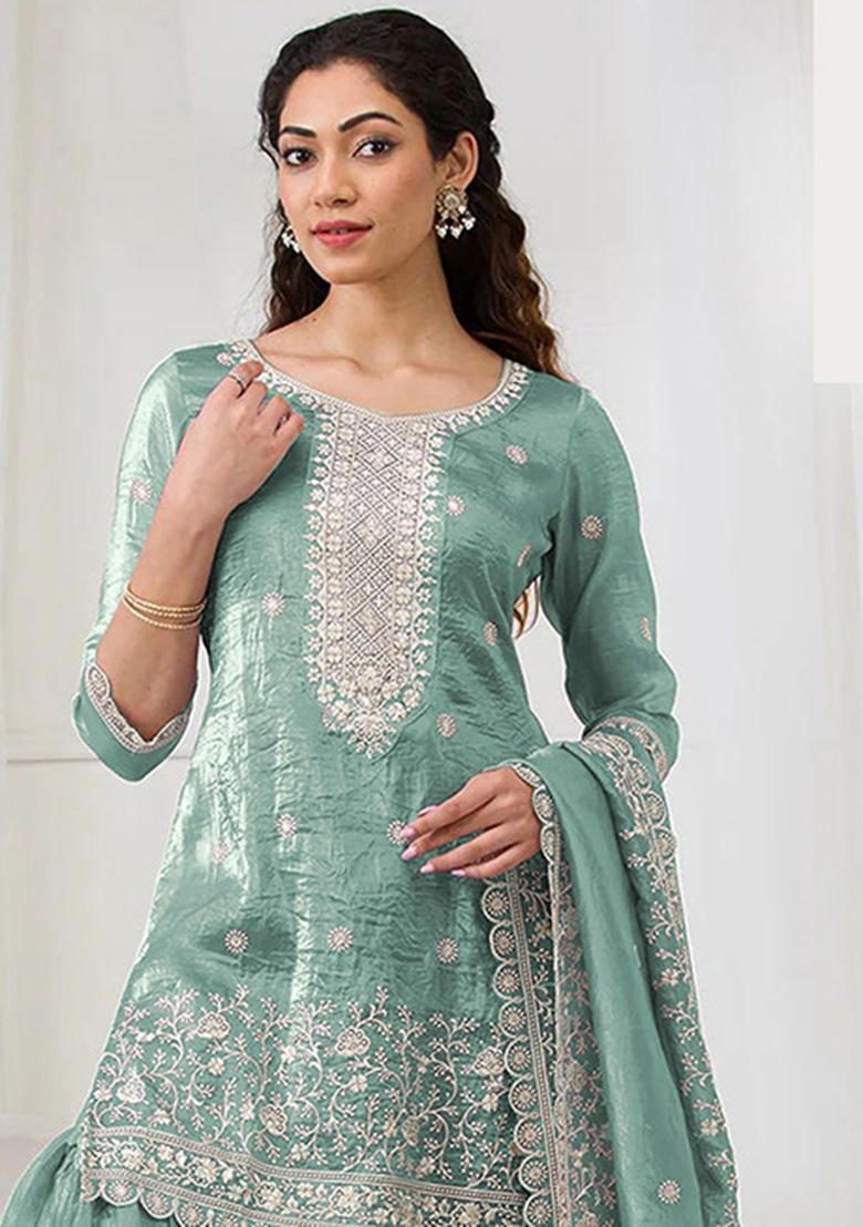 Turquoise Embroidery Gold Crush Sharara Set - Indya