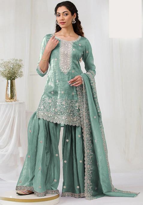 Turquoise Embroidery Gold Crush Sharara Set