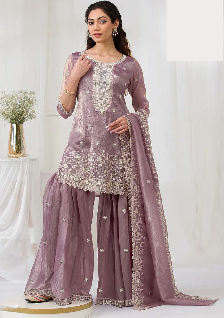 Mauve Embroidered Gold Crush Sharara Set - Indya