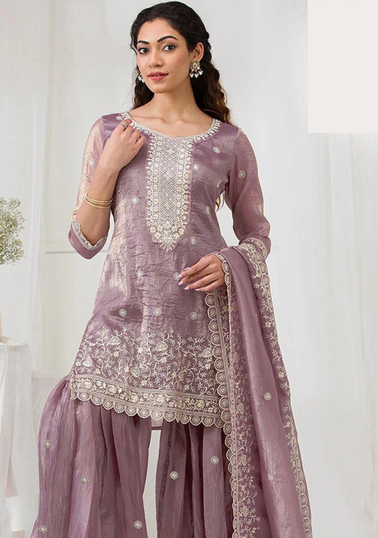 Mauve Embroidery Gold Crush Sharara Set - Indya
