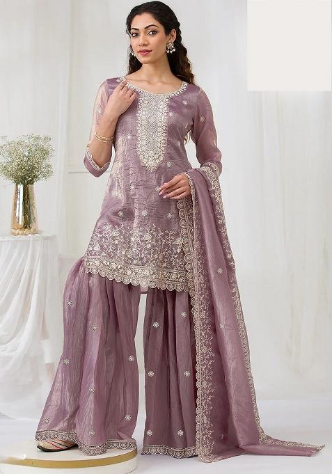 Mauve Embroidery Gold Crush Sharara Set
