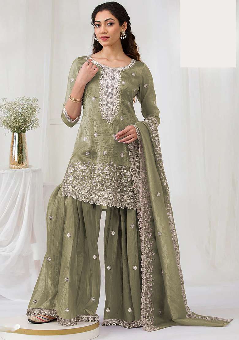 Pista Embroidered Gold Crush Sharara Set - Indya