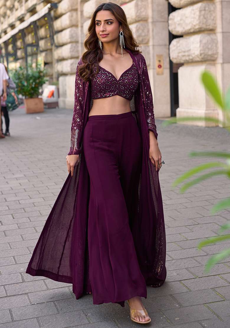 Wine Embroidered Georgette Co Ord Set for Diwali | Wedding & Festive Wear - Indya