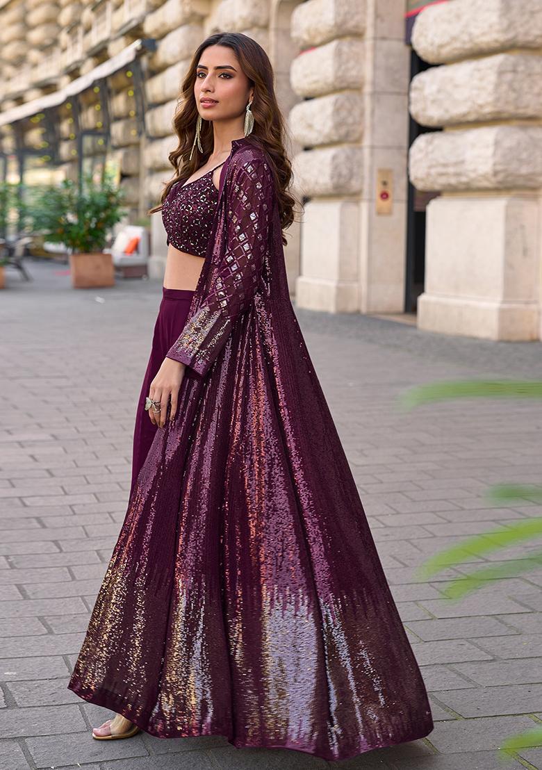 Wine Embroidery Georgette Indo Western Set - Indya