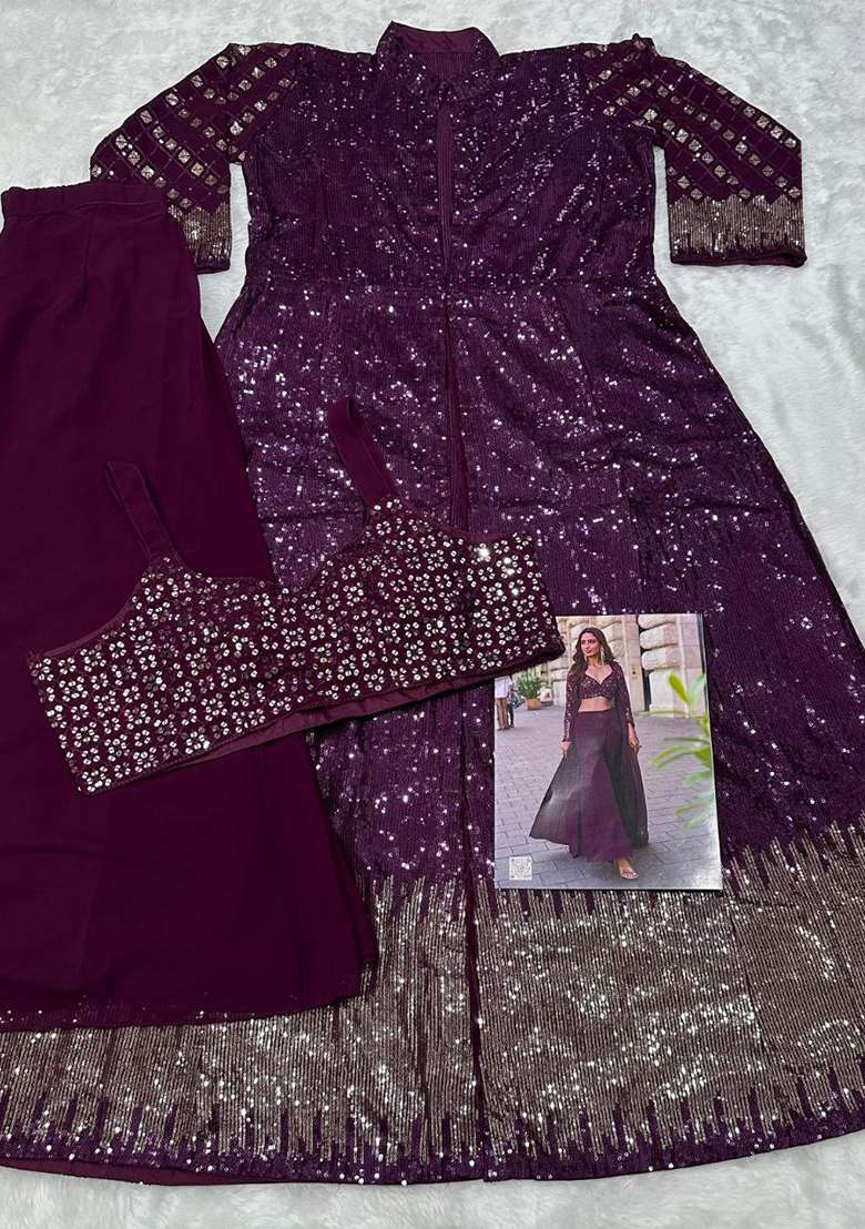 Wine Embroidered Georgette Co Ord Set for Diwali | Wedding & Festive Wear - Indya
