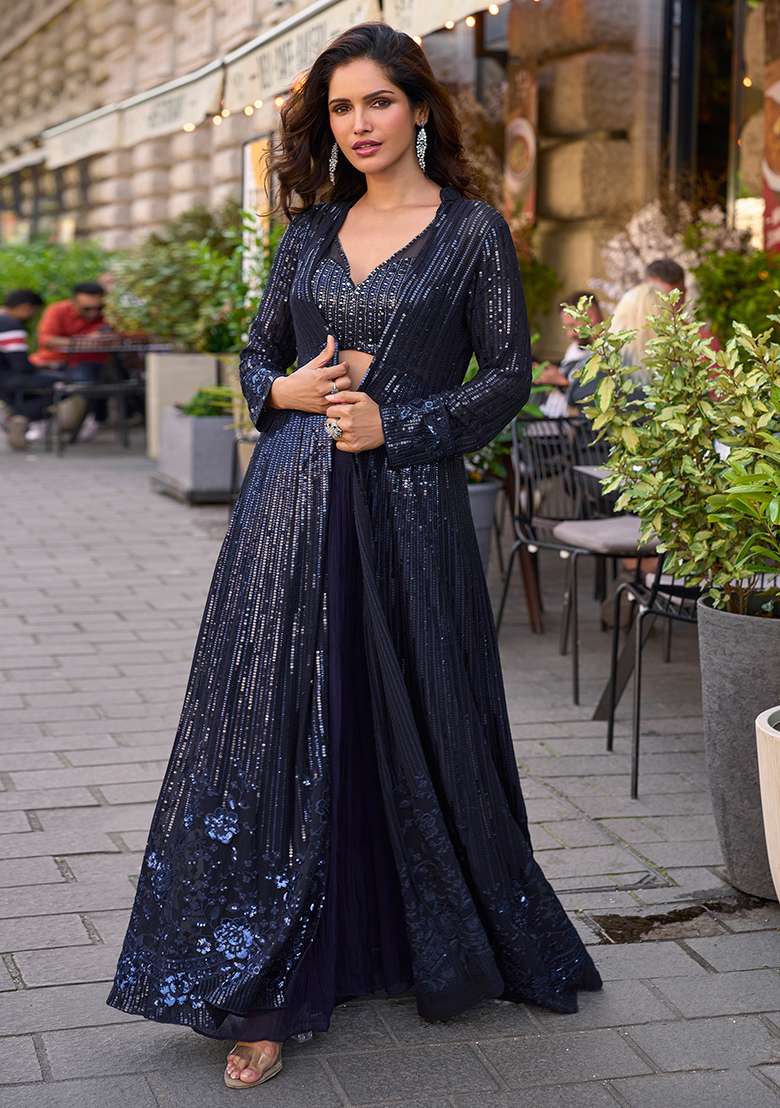 Navy Blue Georgette Gown with Embroidered for Diwali | Wedding & Festive Wear - Indya