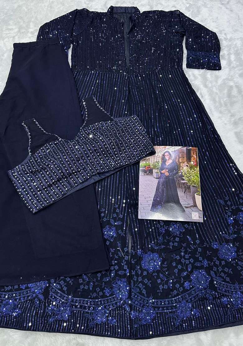 Navy Blue Georgette Gown with Embroidered for Diwali | Wedding & Festive Wear - Indya