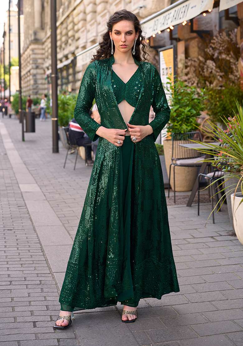 Green Sequin Work Georgette Anarkali Set for Diwali and Festive Wear - Indya