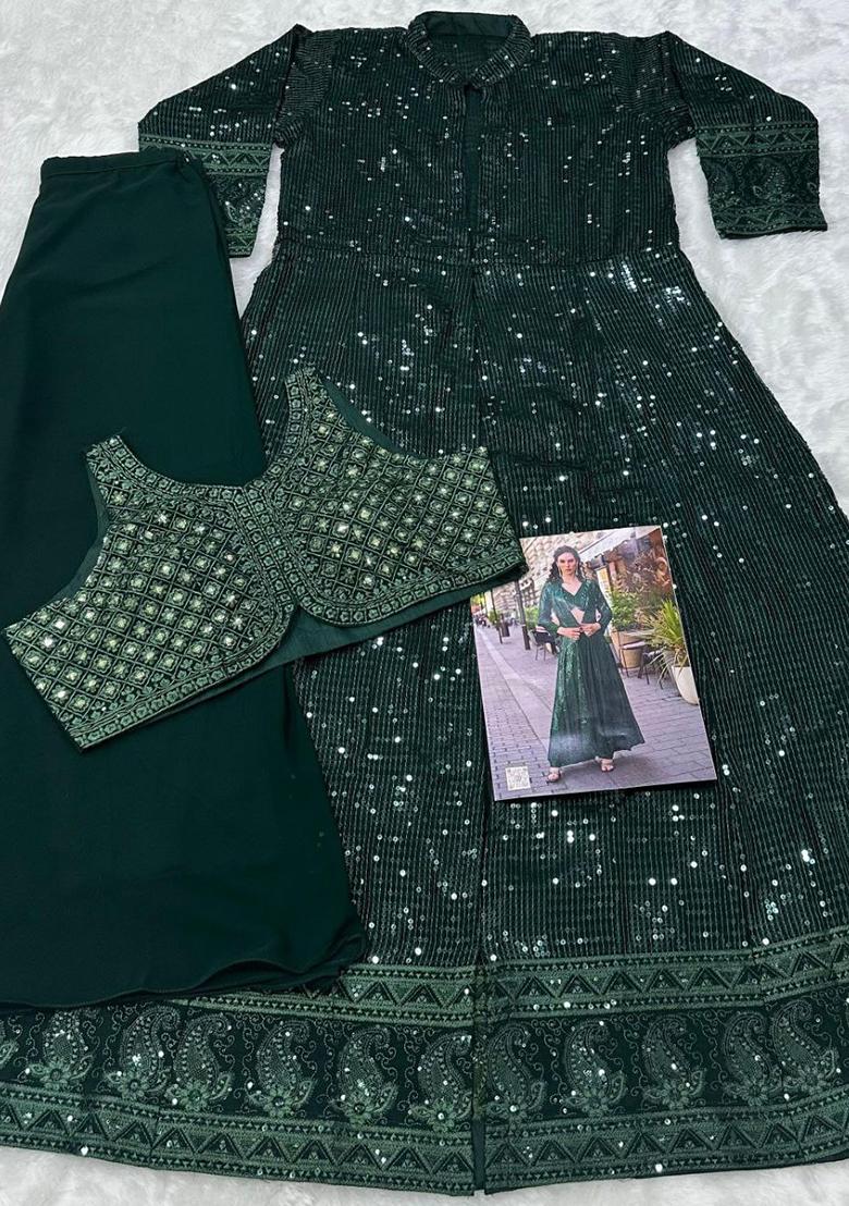 Green Embroidery Georgette Indo Western Set - Indya