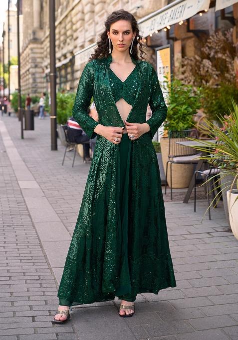 Green Embroidery Georgette Shrug Set
