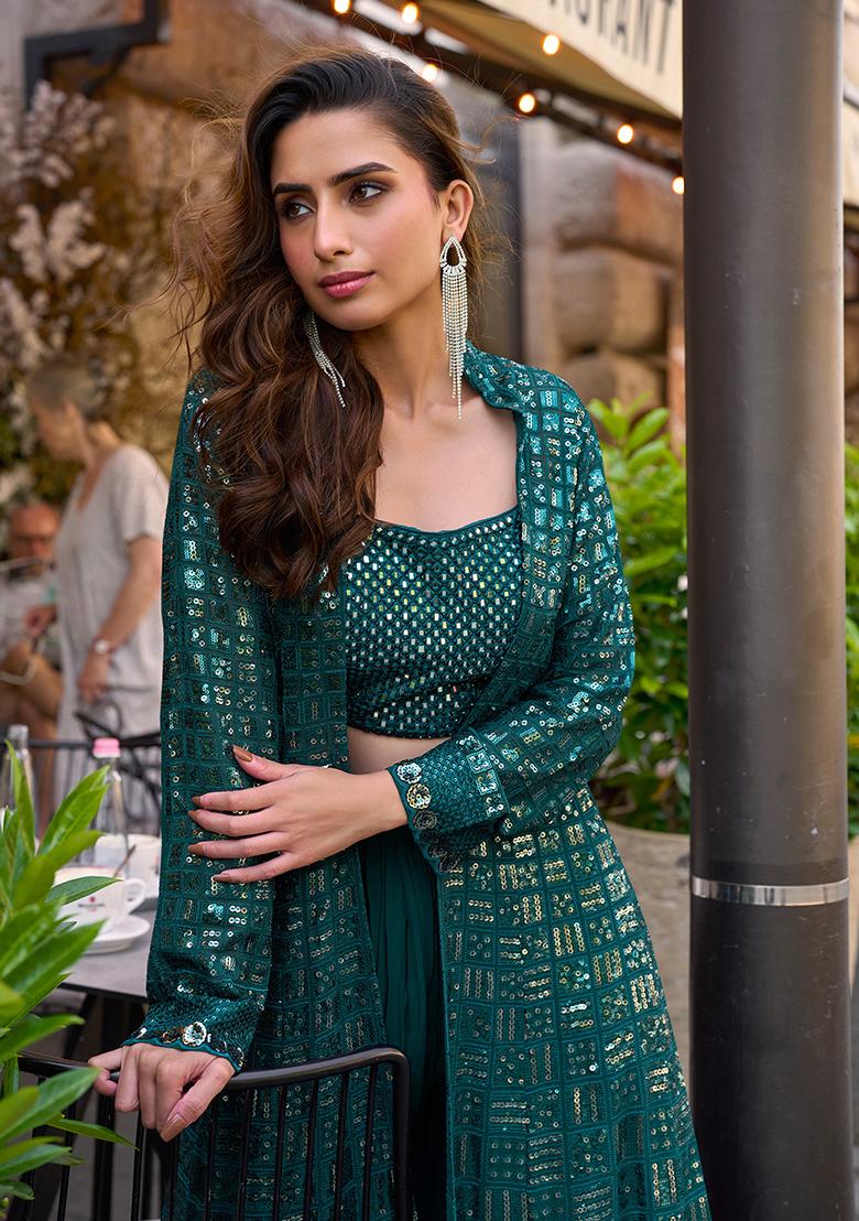 Morpeach Embroidery Georgette Indo Western Set - Indya