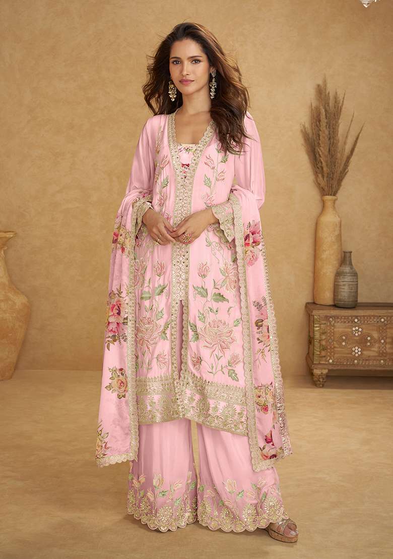 Baby Pink Floral Print Chinon Plazzo Set - Indya