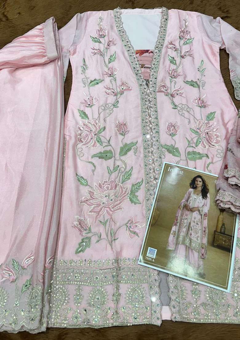 Baby Pink Floral Print Chinon Plazzo Set - Indya