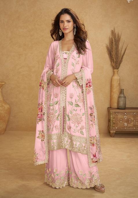 Baby Pink Floral Print Chinon Plazzo Set