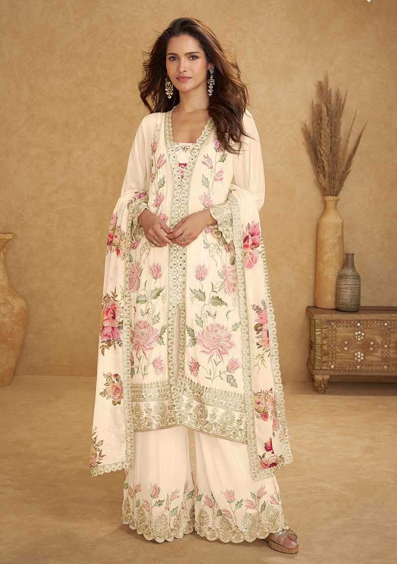 Off White Embroidered Chinon Sharara Set - Indya