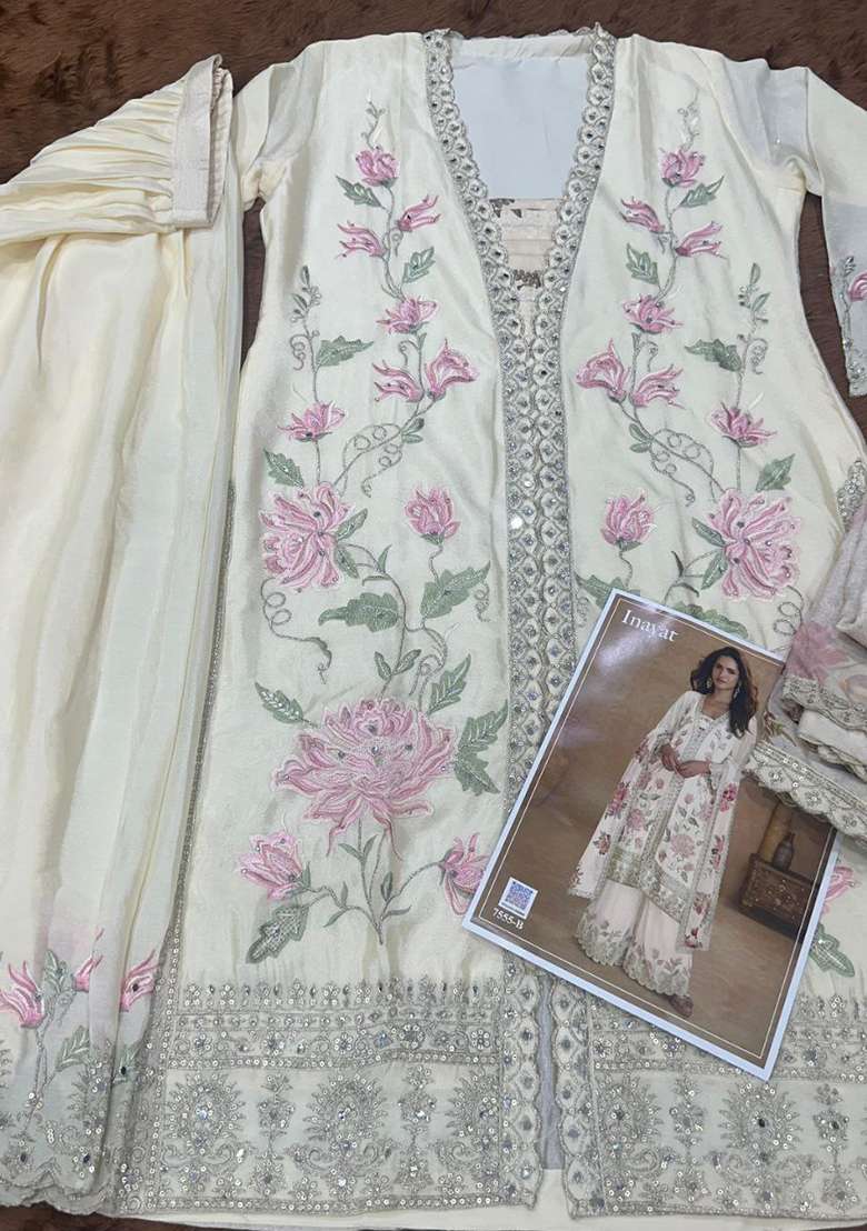 Off White Embroidered Chinon Sharara Set - Indya