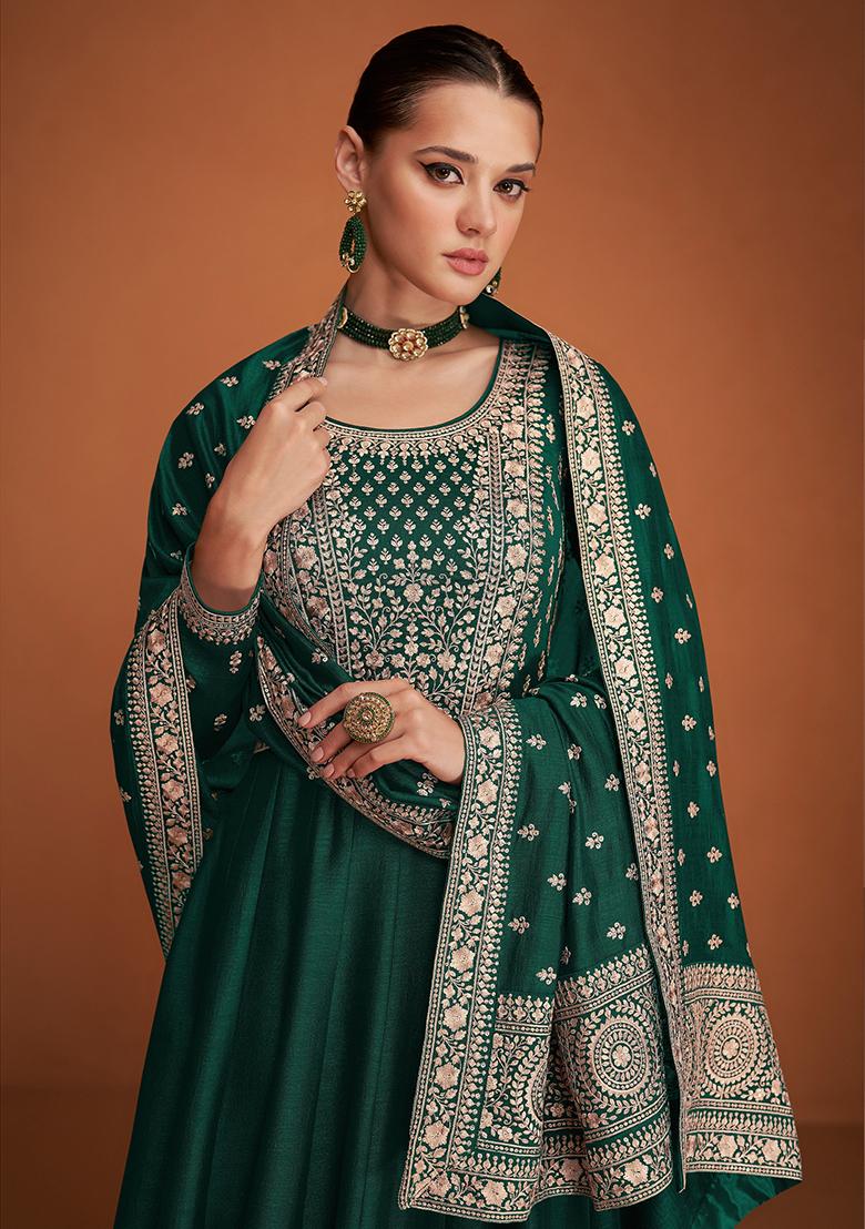 Green Embroidery Silk Anarkali Set - Indya