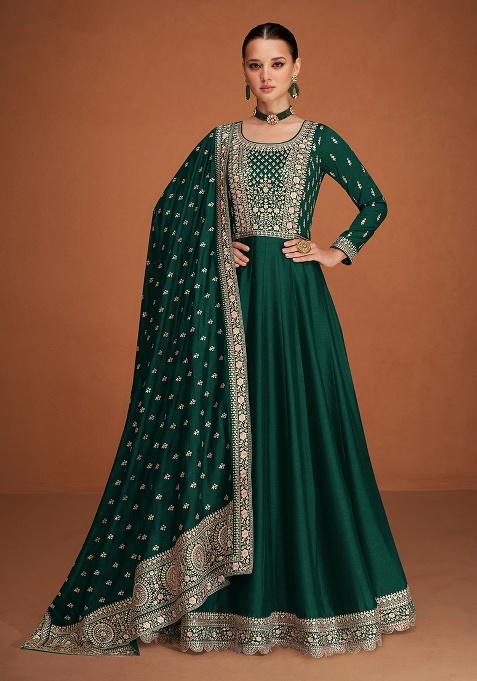 Green Embroidery Silk Anarkali Set