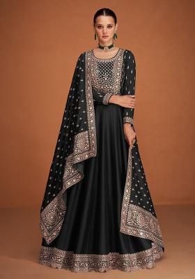 Black Embroidery Silk Anarkali Set