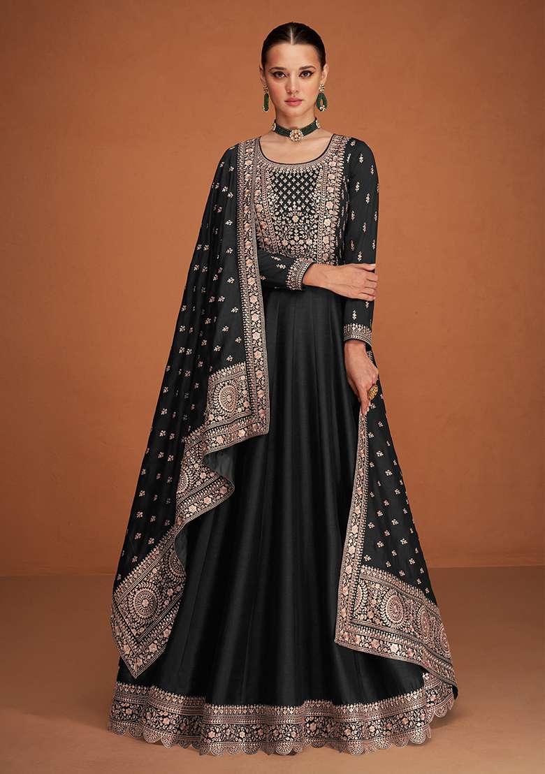 Black Embroidered Silk Blend Anarkali Set - Indya