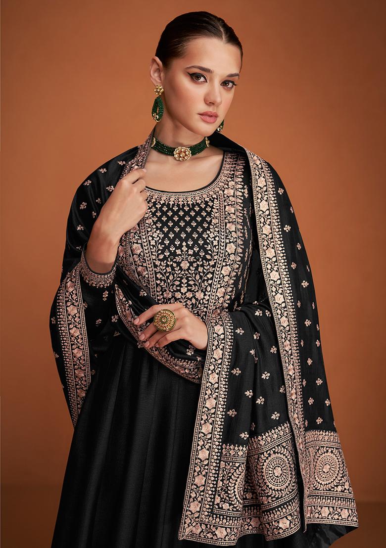 Black Embroidery Silk Anarkali Set - Indya