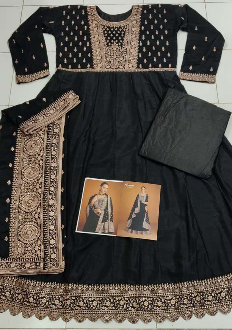 Black Embroidered Silk Blend Anarkali Set - Indya