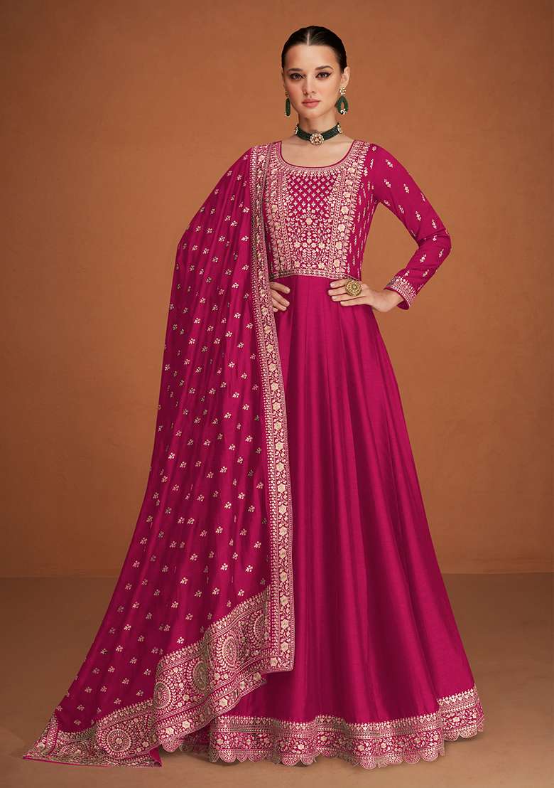 Pink Embroidered Silk Blend Anarkali Set - Indya