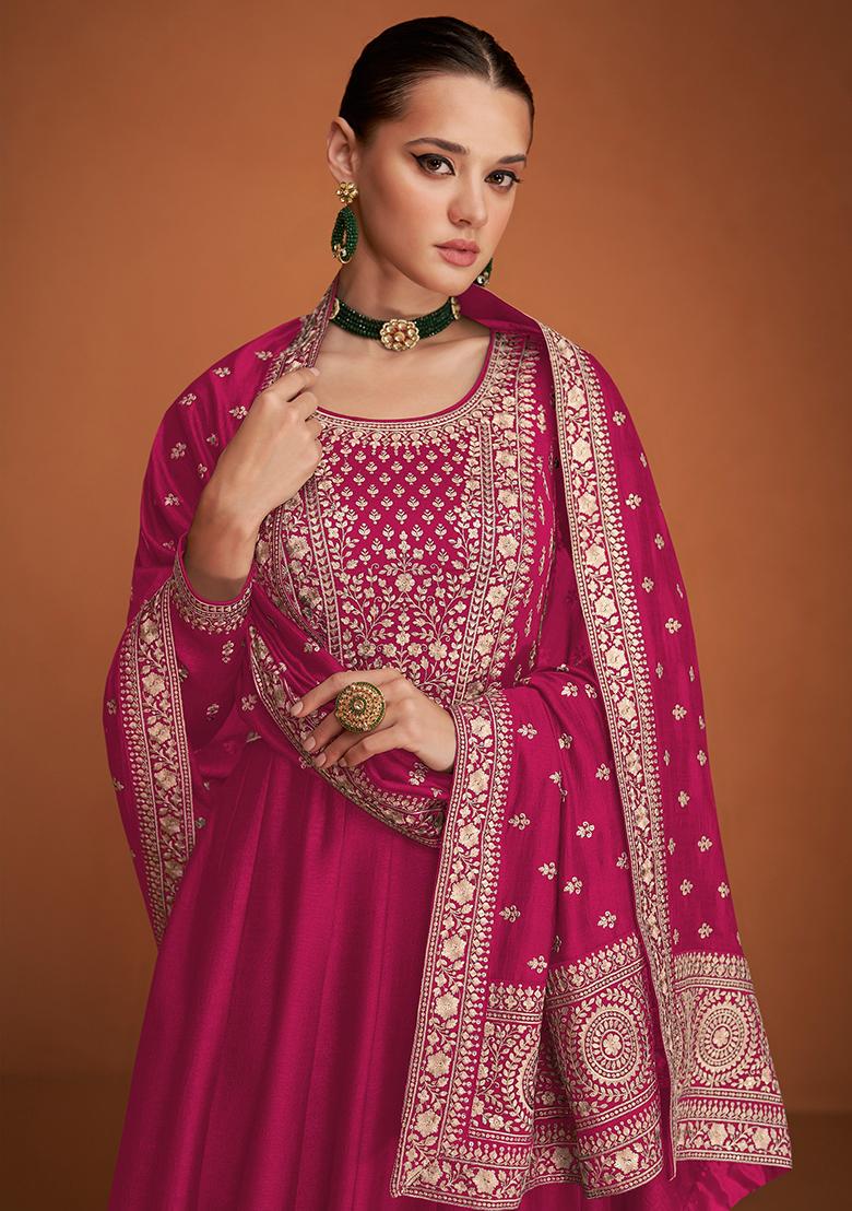 Pink Embroidery Silk Anarkali Set - Indya