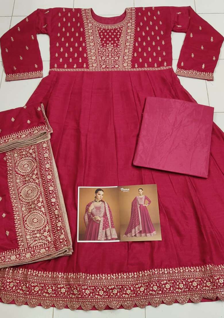 Pink Embroidered Silk Blend Anarkali Set - Indya