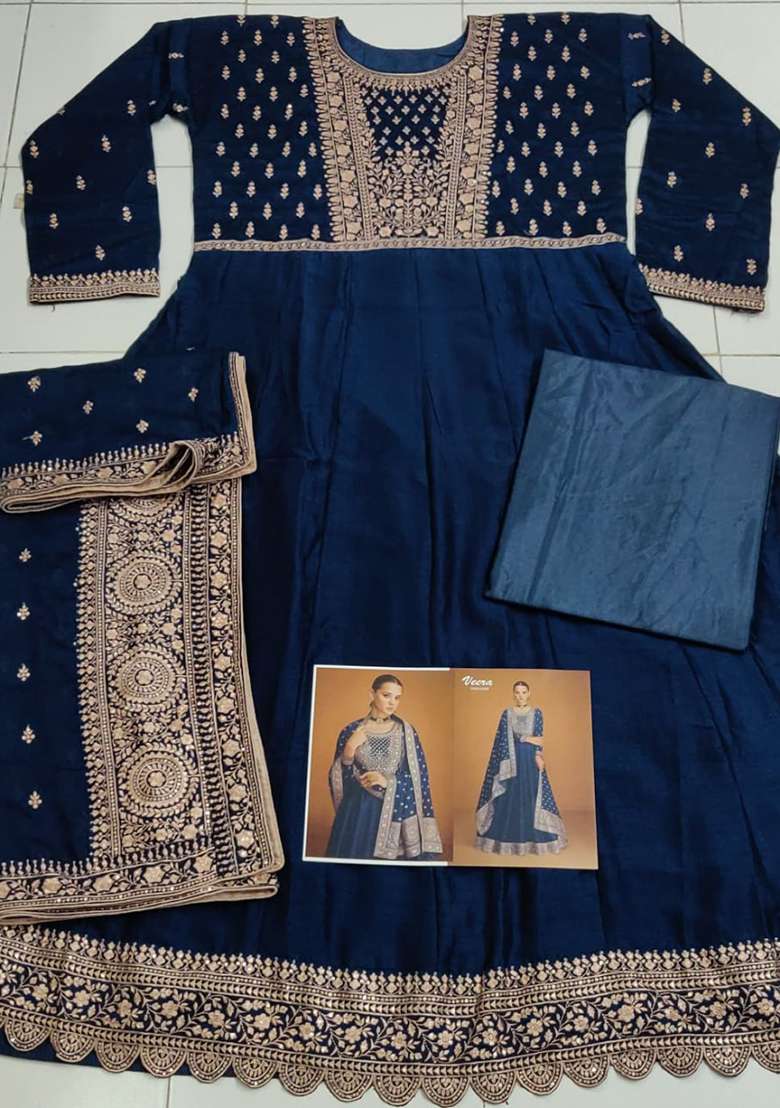 Navy Blue Embroidered Silk Blend Anarkali Set - Indya