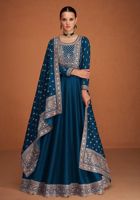 Navy Blue Embroidery Silk Anarkali Set