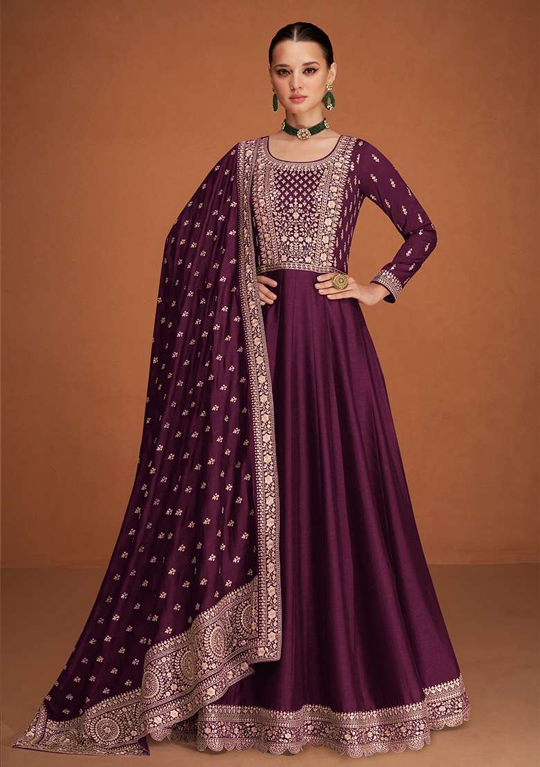 Purple Embroidered Silk Blend Anarkali Set - Indya