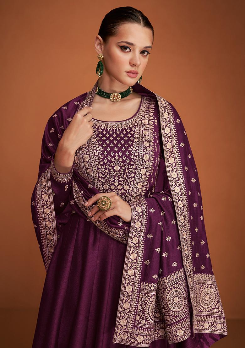 Purple Embroidery Silk Anarkali Set - Indya
