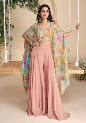 Peach Embroidery Chinon Kurta Set