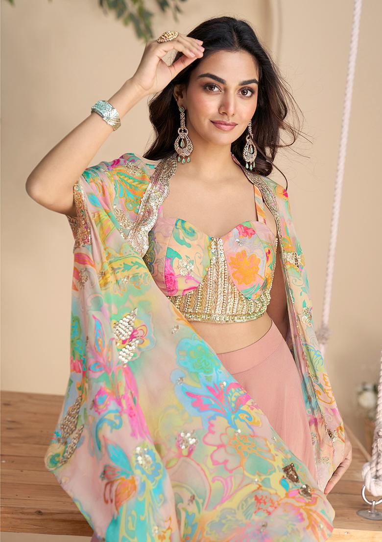 Peach Embroidery Chinon Fusion Set - Indya