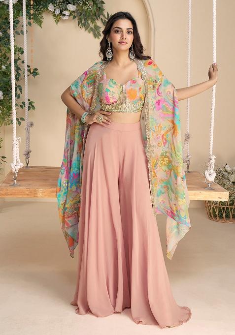 Peach Floral Print Chinon Co Ord Set