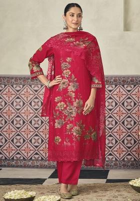 Magenta Printed Cotton Straight Kurta Set