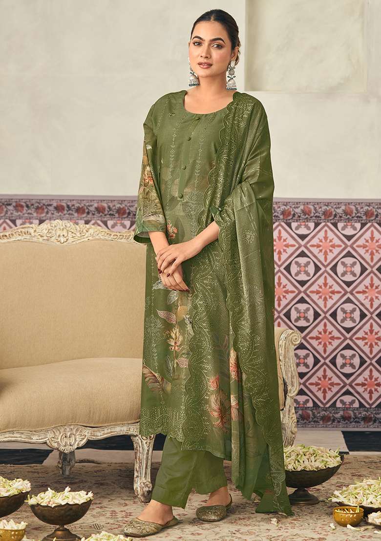 Olive Printed Cotton Straight Kurta Set - Indya