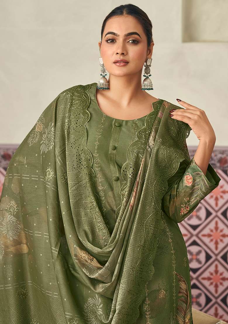 Olive Printed Cotton Straight Kurta Set - Indya