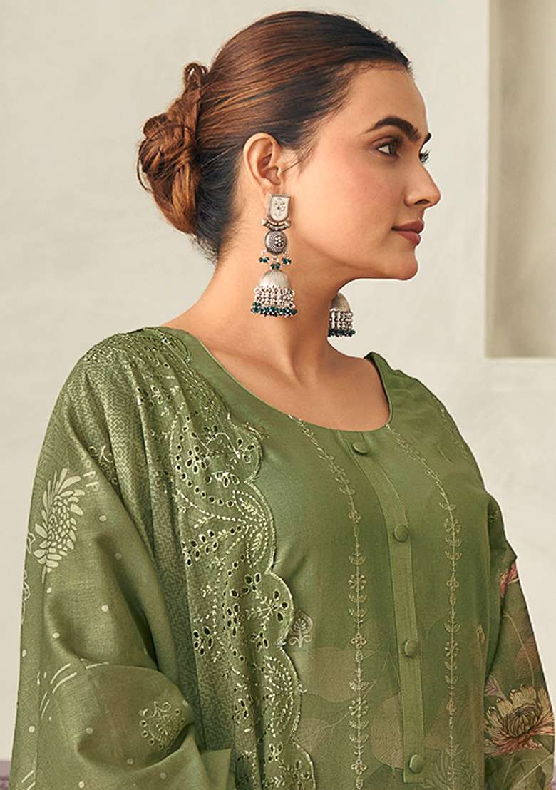 Olive Printed Cotton Straight Kurta Set - Indya