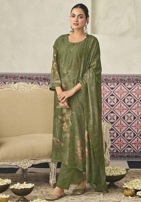 Olive Printed Cotton Kurta Set